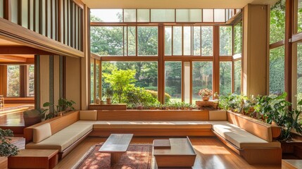 A contemporary living room with a modular sofa, warm wood tones, and floor-to-ceiling windows.