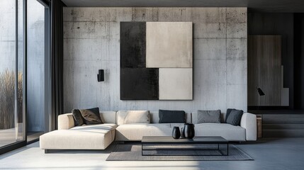 A contemporary living room with a sleek, neutral sofa, abstract wall art, and modern decor accents.