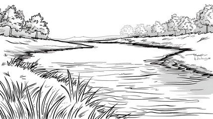 Fototapeta premium riverbend line art black white background