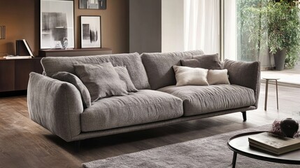 A cozy, modern living room with a fabric sofa, plush cushions, and wooden flooring.