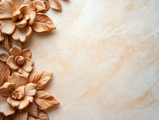 Elegant Carved Wood Flowers on Beige Background with Subtle Texture and Natural Vibes
