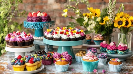 A display counter filled with cakes, muffins, and other sweet treats in a cafe.