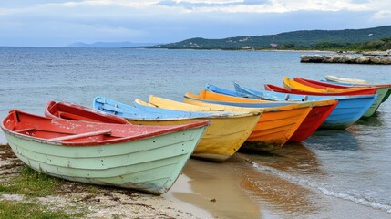 Naklejka premium A fleet of small wooden boats anchored on the beach of a serene island bay.