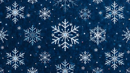 Intricate snowflakes and twinkling stars in soft white, silver, and icy blue, symmetrically placed on a rich navy background, create a seamless, frosty pattern, perfect for elegant Christmas and New