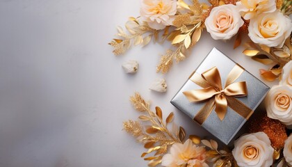Silver Gift Box with Gold Ribbon on Flowers Background. Top View of Wedding Gifts with Copy Space