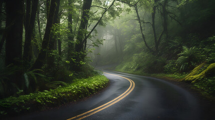Obraz premium a winding road in the middle of a forest