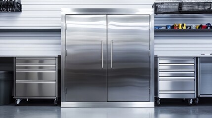 Obraz premium A metallic storage cabinet with locked doors in a clean, organized garage.