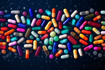 Multicolored pills and capsules forming a horizontal banner on a dark background with bokeh effect, representing pharmaceutical products