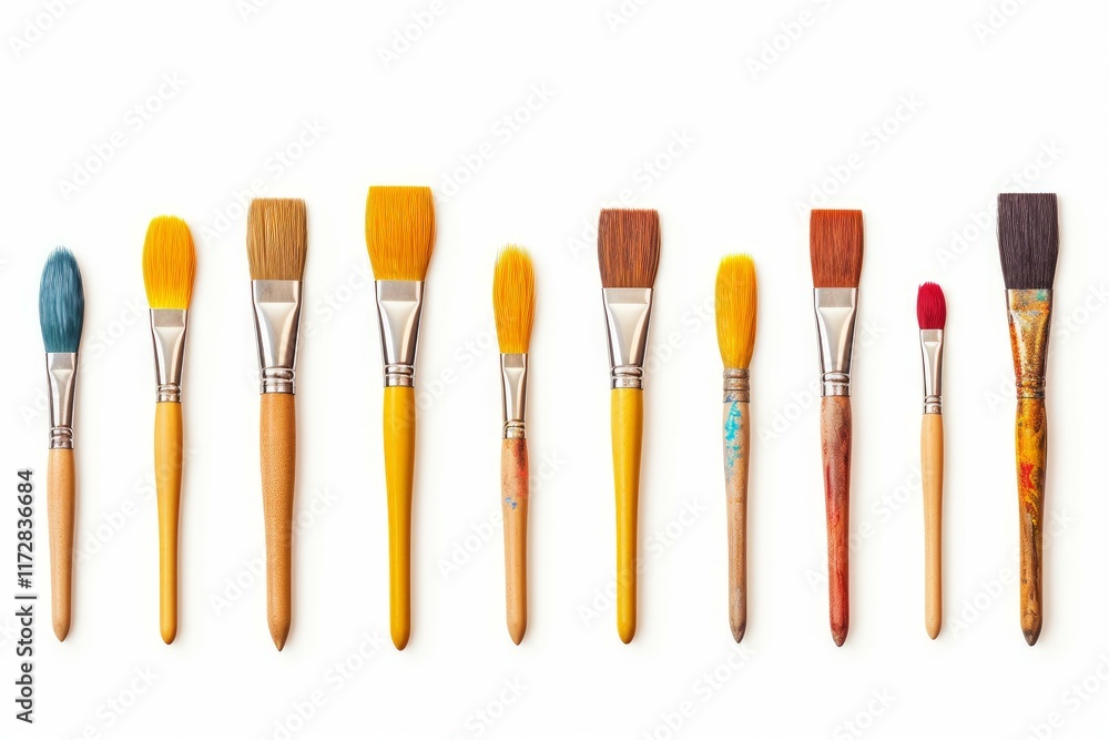 Poster different paintbrushes are arranged in a row on a white background, showcasing their various sizes, 
