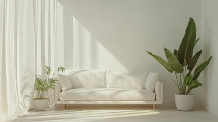 A minimalist room with soft tones, a white sofa, and potted greenery for a fresh vibe.