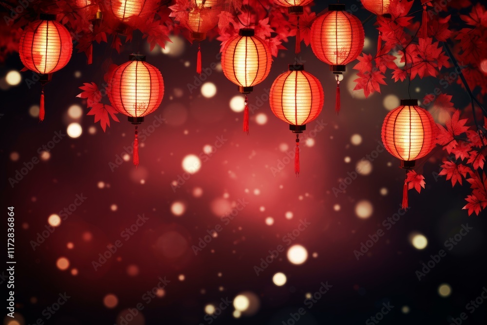 Poster Red lanterns illuminate a festive scene, hanging gracefully from maple tree branches against a backdrop of sparkling bokeh