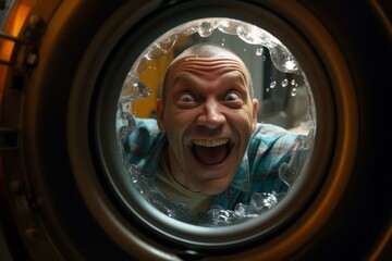 Maintenance worker making funny face while inspecting washing machine