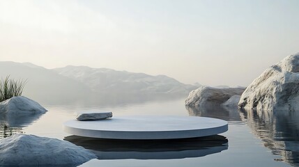 Serene Minimalist Lakeside Platform: A Tranquil Mountain Escape