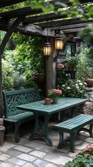 Fototapeta premium Serene Garden Patio: Close-Up Photo of Lush Green Seating Area. AI Generated