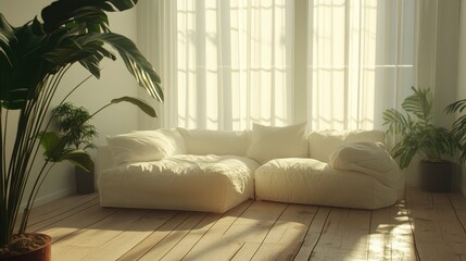A modern white living room with a comfortable sofa and accents of plants on wooden floors.
