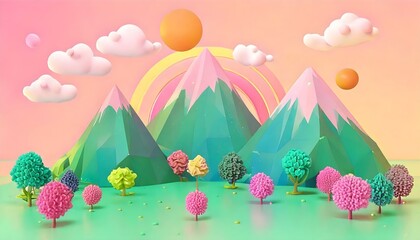 3D spring magic with green mountains and clouds in the background.