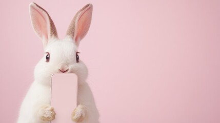 Obraz premium White Rabbit Holding a Pink Smartphone on Soft Pink Background