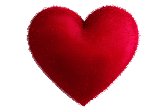 Red fur heart with soft textured surface isolated on white transparent background. Concept of love, romance, and affection