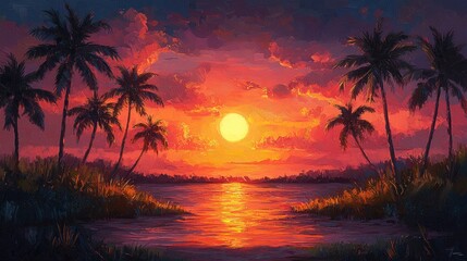 Vibrant sunset over a tranquil water landscape.