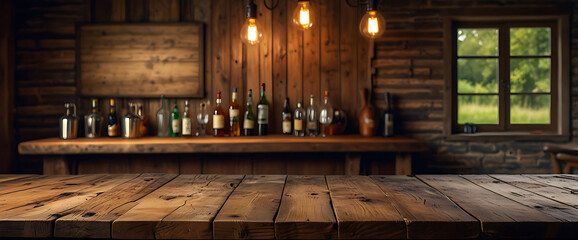 Rustic countryside bar background with a wooden table board in the foreground, ideal for mock-ups and creativity