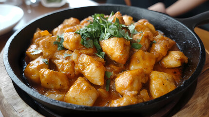 Golden Chicken Sizzles in a Cast Iron Skillet, Ready to Serve