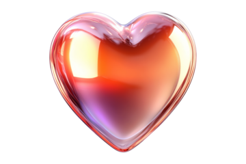 Glossy glass heart with a vibrant gradient of orange, pink and gold hues isolated on white transparent background, symbolizing love and emotion