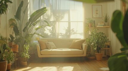A soft and cozy white living space showcasing a sofa, wood floors, and an arrangement of plants.