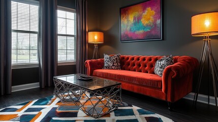 A sophisticated living room with a velvet sofa, metallic decor, and a geometric rug.