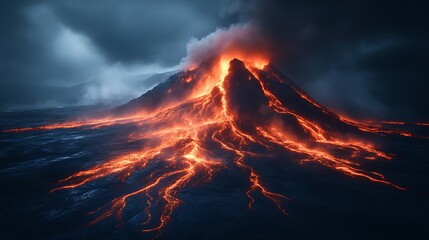 Erupting volcano at night with lava flowing.