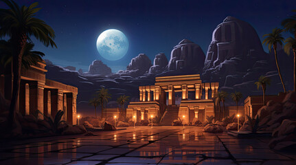 Obraz premium An illustration of an ancient Egyptian building, the moon, and rock hills at night