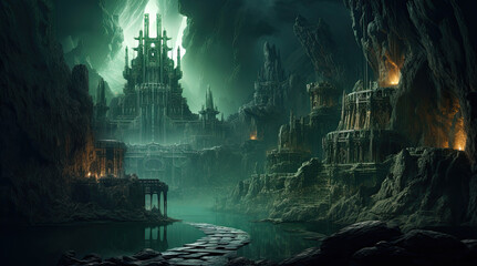 Obraz premium An illustration of a mysterious building in a cave