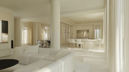 A stylish and airy room with a white sofa, neutral decor, and functional furniture.