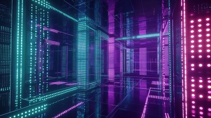 Obraz premium Abstract digital hallway with glowing blue and pink lights.