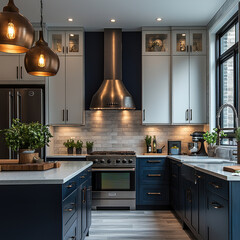 Modern kitchen interior with island, stainless steel appliances, and blue cabinets