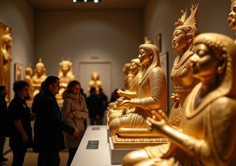 Intricate golden sculptures displayed in an art gallery during a cultural exhibition