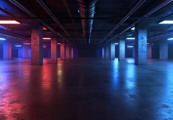 Vibrant underground space illuminated with contrasting blue and red light during late night