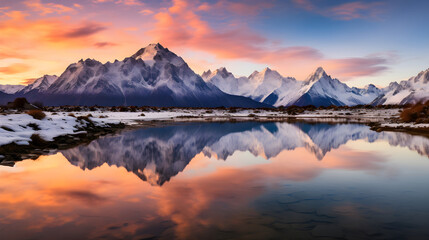 Fototapeta premium Spectacular Scenic View of Snow-Capped Mountain Range, Lush Green Slopes, and a Crystal Clear Lake