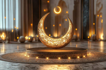 Ornate crescent moon on podium, mosque interior, glowing lights, festive display