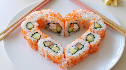 Romantyczny zestaw sushi ułożony w kształcie serca, zawierający różnorodne klasyczne rolki, perfekcyjny na randkowy wieczór Walentynkowy, z podwójnym zestawem pałeczek.
