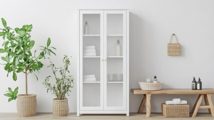 A tall white storage cabinet with frosted glass doors in a minimalist bathroom.