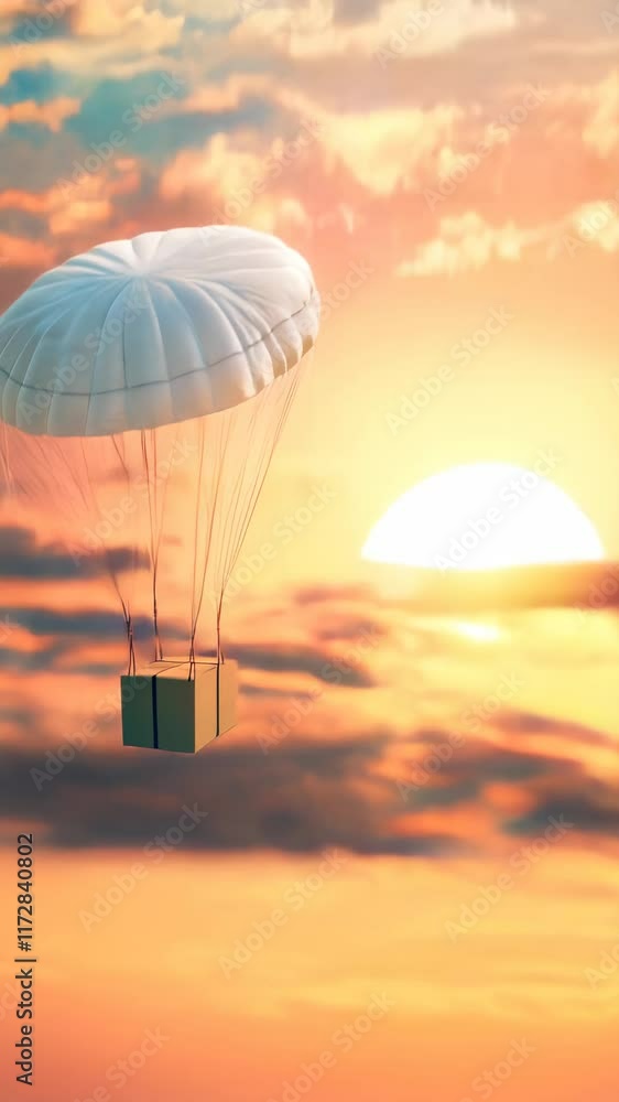 Poster white round parachute delivering cardboard box in cloudy sky with sunset colors representing fast an