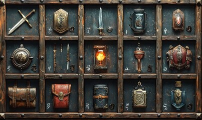 3D RPG inventory icons featuring weapons potions armor and tools on textured wood leather and metal backgrounds