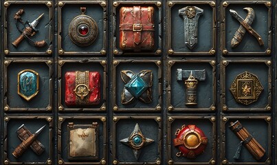 3D RPG inventory icons featuring weapons potions armor and tools on textured wood leather and metal backgrounds