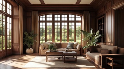 Fototapeta premium A warm, inviting living room with a cozy sofa, wood furniture, and lush greenery.