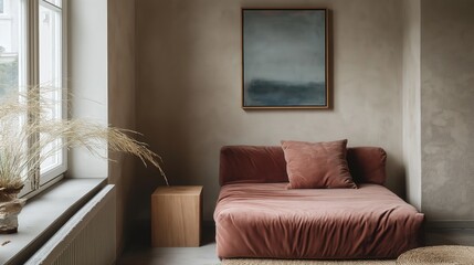 Fototapeta premium Generative AI, Dusty rose velvet daybed and walnut table by a soft-lit window