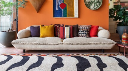 A warm, inviting living room with a textured sofa, vibrant cushions, and a patterned area rug.