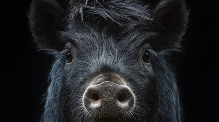 Close-up of a black piglet's face with bright contrasts on a dark background