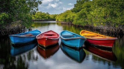 Obraz premium Brightly painted boats moored near a quiet lagoon surrounded by mangroves.