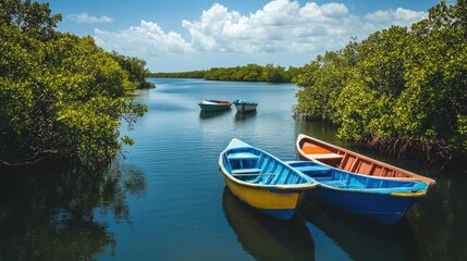 Obraz premium Brightly painted boats moored near a quiet lagoon surrounded by mangroves.