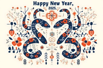 Obraz premium Happy Chinese Lunar New Year 2025 Year of the Snake greeting card poster background template